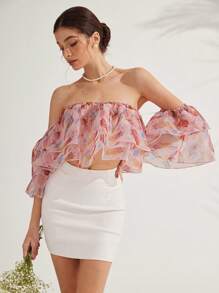 Aveloria Elegant Vacation Refined Versatile Fashion Layered Ruffle Off Shoulder Floral Print Chiffon Blouse For Women, Ideal For Valentine's Day Boho Beach Fashionable Style All Over Print For Summer Spring Fall Autumn