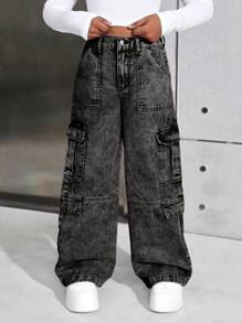 SHEIN 少女Y2K春夏纯色水洗高腰翻盖口袋宽松直筒工装牛仔裤，返校街头风，海滩波西米亚风音乐会阔腿裤，锐舞节，毕业典礼