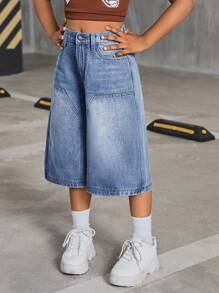 SHEIN Tween Girls Y2K 2000s Retro Washed Baggy Causal Denim Wide Leg Knee Length Jeans Shorts,Girls Spring Summer Boho Concert Rave Festival Clothes Back To School Streetwear Outfits