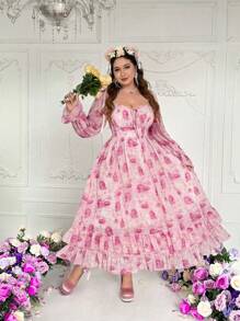 Flirla Plus Size Romantic Floral All-Over Print Long Sleeve Knotted Front Dress,Valentine - Pink - View 4