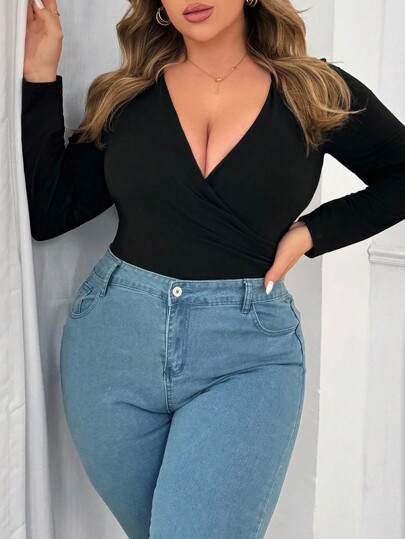 Easura Camiseta de manga larga con cuello en V cruzado, ajuste ceñido, sexy, de unicolor, talla grande para mujer