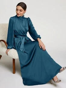 Veilorie 女士纯色立领灯笼袖优雅阿拉伯朴素长袖连衣裙长款晚礼服 - 水鴨藍 - 查看 3