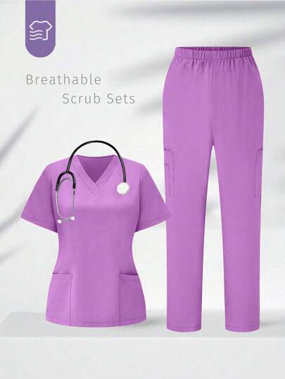 TaskEZ Solid Color V-Neck Short Sleeve Pocket Blouse And Pants Scrub Uniform Set
