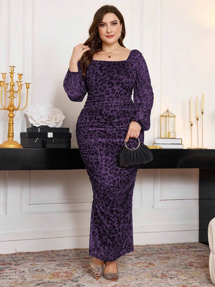 Modelyn 加大码女式方领荷叶边弹力网眼豹纹灯笼袖修身紧身中长连衣裙长款女装 - 彩色 - 查看 1