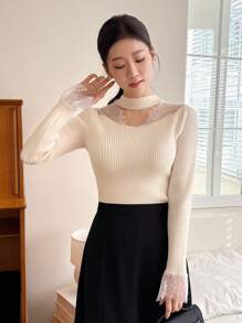 DAZY Lace Patchwork Turtleneck Sweater For Women, Minimalist Fashion Casual Daily Wear,Fall Women Clothes