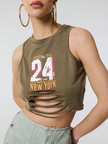 TypaGal 仿旧镂空字母印花短款背心，时尚