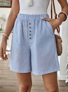 EMERY ROSE 中腰百慕大短裤，纯色，侧袋，宽松，膝盖长度，基本款式 - 藍白色 - 查看 1