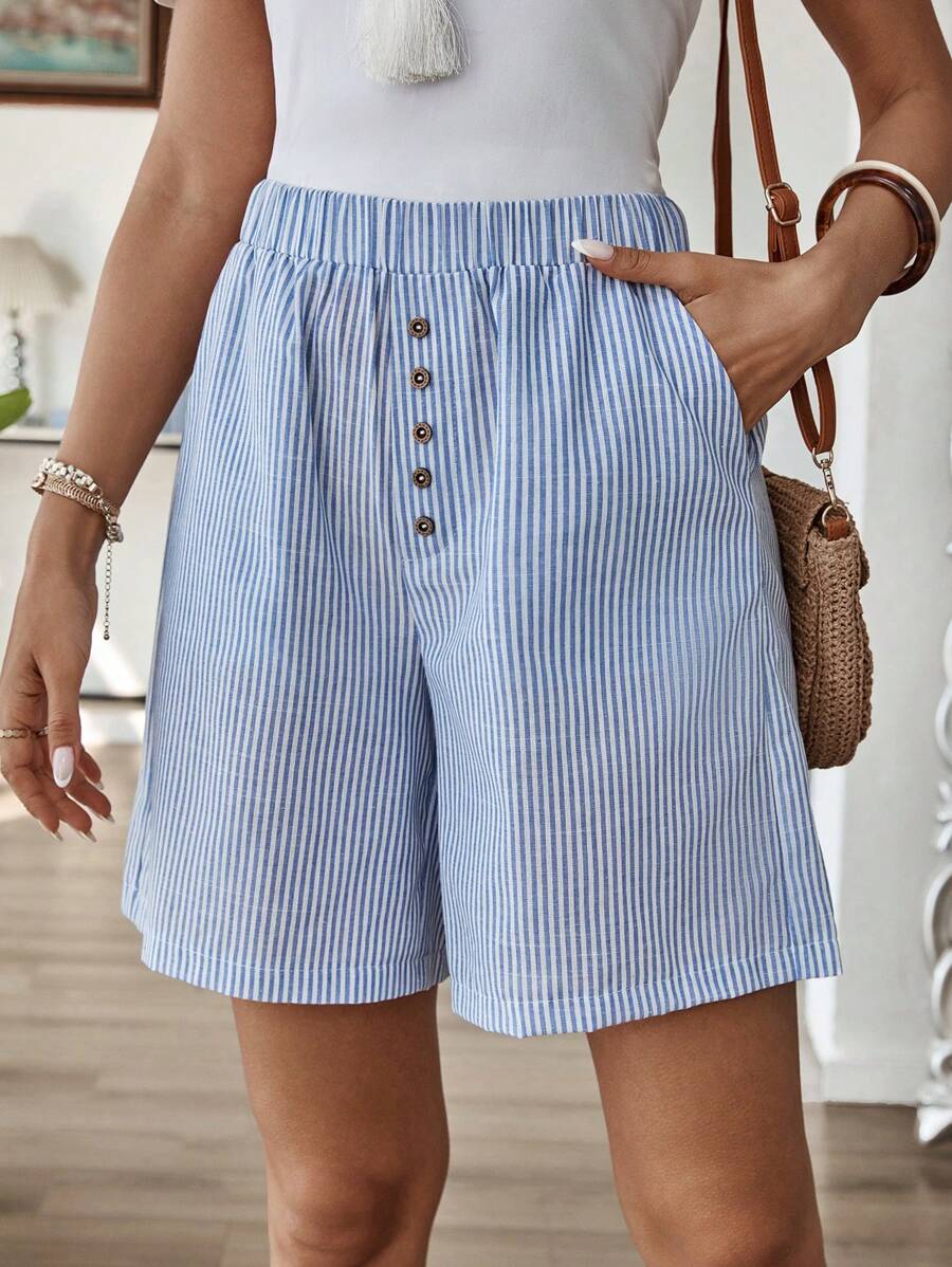 EMERY ROSE 中腰百慕大短裤，纯色，侧袋，宽松，膝盖长度，基本款式 - 藍白色 - 查看 1