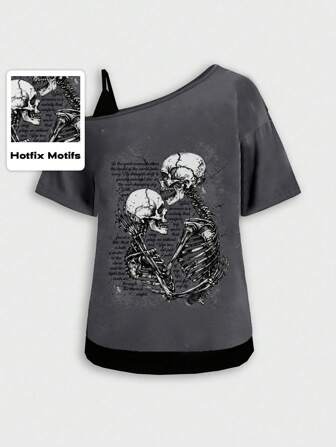 Dark Gothic Skull Letter Print Oblique Shoulder Loose T-Shirt For Women