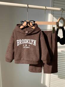 SHEIN Set de 2 piezas con sudadera con capucha y estampado de copos de nieve + pantalón de chándal de cintura elástica de unicolor, adecuado para niño/niña, fiestas de cumpleaños, baby shower, adecuado para otoño/invierno interior y exterior