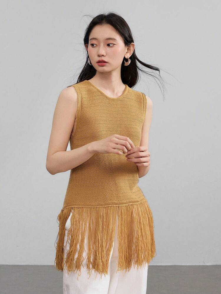 Women's Business Casual Resort Beach Simple Solid Color Fringe Knit Top Old Money Style