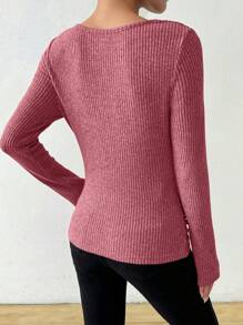 SHEIN LUNE 复古不对称垂褶领口纹理褶皱修身长袖 T 恤 - 玫紅色 - 查看 2