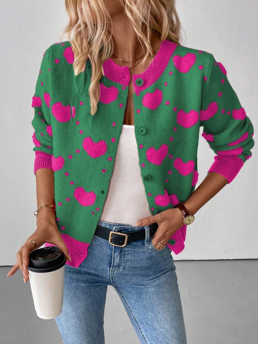 Jacquard Heart Pattern Loose Fit Cardigan, Autumn/Winter Fall Cloth For Women - Green - View 1