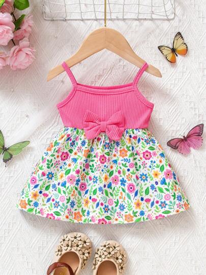 SHEIN Cute Bear & Heart Print Casual Comfortable Infant Baby Girl Strap Dress, Suitable For Spring/Summer And Valentine's Day