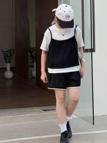 DAZY Tween Girl Contrast Color 2 In 1 Short Sleeve Top And Shorts Casual Set - Black and White - View 6