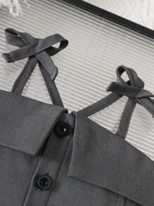 SHEIN 2pcs/Set Baby Girl Spring&Summer Elegant Style ,Open Collar Slip Top&Short Pleated Skirt - Dark Grey - View 4