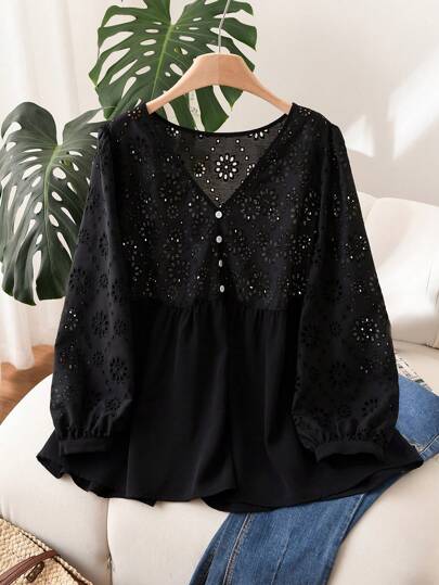 CosyJoli Plus Size Damer Vår- och sommarmode Fritidskläder Lös Dagligen Bekvämt perspektiv Spetsskarvning Långärmad V-ringad skjorta,Vårkläder,Damblus,Curve Toppar,Semesterkläder Kvinna