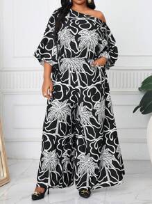 SHEIN Lady 春夏优雅复古工作休闲办公室黑白棕榈叶假日图案编织露肩舞会礼服主教袖露背新款大码连体裤