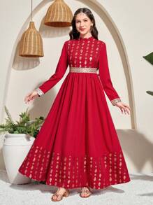 SHEIN Elegant Red Foil Leaf Pattern Maxi Dress For Teen Girls, With Gold Woven Belt Decor - Red - View 1