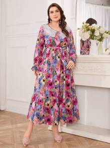 Modelyn Plus Size Women Floral Print Contrast Lace Midi Dress - Purple - View 3