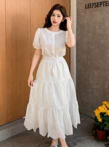 DAZY 女士两件套：镂空刺绣圆领泡泡袖上衣和半身裙 - 白色 - 查看 4