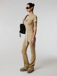 TypaGal Contrast Stitch Drawstring Thick Waist Casual Flare - Khaki - View 5