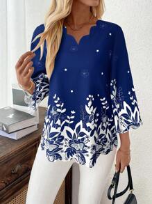 EMERY ROSE Women Loose Floral Bell Sleeve Shirt, Work Blouse