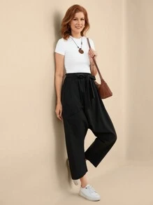 EMERY ROSE Women's Solid Color Casual Loose Knotted Waist Harem Pants Fall Cloth For Women - Black - View 5