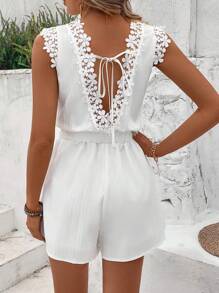 SHEIN LUNE Women's Holiday Lace Details Splicing Romper - White - View 3
