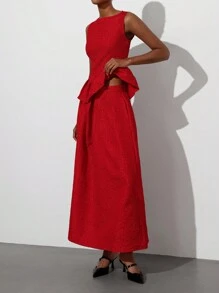 Aveloria Modichic 2pcs/Set Women's Red Romantic Party Outfit - Sleeveless Jacquard Top With Layered Waist Detail & Extra Long Skirt, Elevated Look