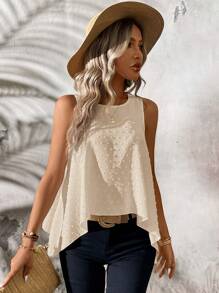 EMERY ROSE 夏季时尚休闲白色激光切割不对称下摆 A 字形圆领背心，修身 - 卡其色 - 查看 6