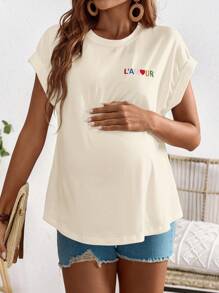 SHEIN 休闲度假字母刺绣蝙蝠袖孕妇 T 恤 - 杏色 - 查看 4