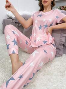 Conjunto de pijama casual con diseño de estrellas para mujeres - Multicolor - Ver 3