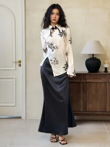 EastFlair 女式立领长袖印花休闲衬衫，配人造珍珠装饰 - 杏色 - 查看 3