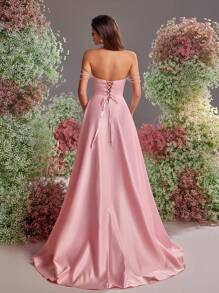 Glamrae 优雅、浪漫、华丽、端庄、粉色、缎面、抹胸、人字形腰部、半透明、领口珍珠项链装饰、蕾丝装饰、大A字裙、拖尾、后系带、高开衩、适合婚礼活动、节日、婚礼宾客、度假、舞会、正式晚礼服、派对礼服、礼服、晚会 - 粉色 - 查看 5