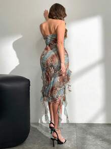 Firerie Plus Size Strapless Bodycon High Slit Ruffle Hem Floor-Length Dress For Women - Multicolor - View 2