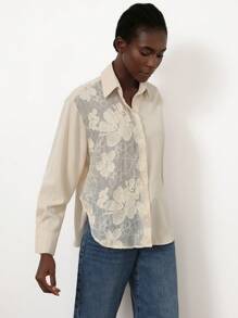 SHEIN Privé 女士 3D 花卉蕾丝拼接设计优雅衬衫 - 杏色 - 查看 4