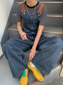 FRIFUL Women's Casual Washed Loose Denim Bib Overalls - Blue - View 1