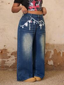 SHEIN ICON Plus Size Women Loose Relaxed Wide Leg Jeans - Blue - View 5