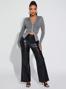 SHEIN SXY Áo len cardigan dệt kim gân ôm sát phong cách ngọt ngào và cay nồng, cổ áo có khóa kéo kép, phối màu đen và trắng - Màu xám đen - Xem 3