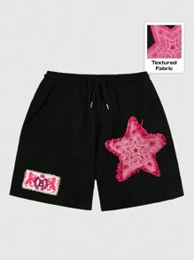 ROMWE MEN Street Life Quần short cạp chun rút dây họa tiết ngôi sao dành cho nam, thích hợp mặc hàng ngày, mùa xuân/hè - màu đen - Xem 1