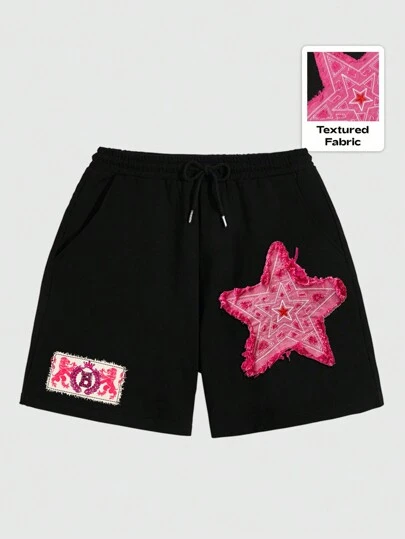 Street Life Men's Star Patch Drawstring Waist Shorts, Suitable For Daily Wear, Spring/Summer