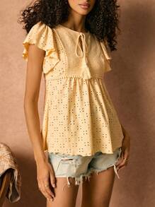 Poéselle Damen Bluse mit Blumenstickerei, Fransen-Schlupfkragen und Rüschenärmeln