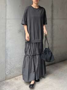 FRIFUL 女士灰色连衣裙，撞色下摆，圆领短袖，夏季服装，荷叶边 - 灰色 - 查看 4