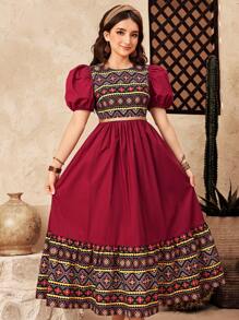 SHEIN Mädchen Mehrfarbig Blumenmuster Patchwork Kontrastfarbe Puffärmel A-Linie Kleid, locker sitzend, geeignet für Nationalfeiertag, Eid-Fest, Urlaub, Lässig-Treffen & Partys, Frühling & Sommer - Rot - Übersicht 1