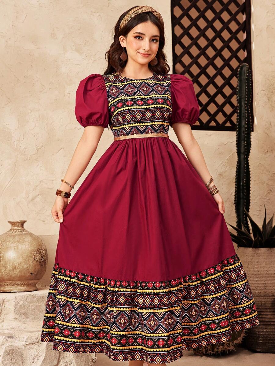 SHEIN Mädchen Mehrfarbig Blumenmuster Patchwork Kontrastfarbe Puffärmel A-Linie Kleid, locker sitzend, geeignet für Nationalfeiertag, Eid-Fest, Urlaub, Lässig-Treffen & Partys, Frühling & Sommer - Rot - Übersicht 1