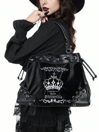 Goth 1pc Velvet Swan Embroidery Tote Bag