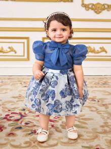 SHEIN 2pcs Baby Girl Cute Blue Floral Print Skirt & Short Sleeve Shirt Set, Summer - Blue - View 6
