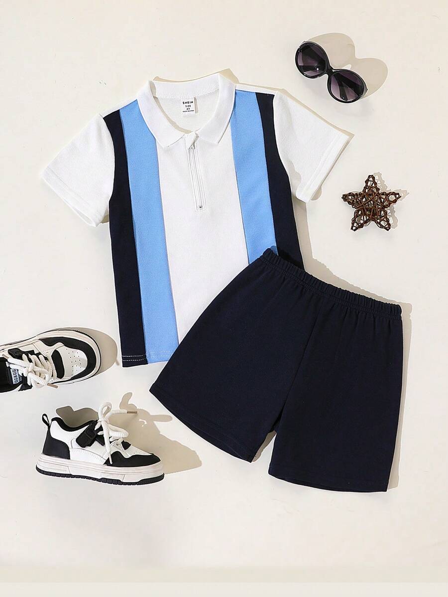 2 pièces/Set Polo à manches courtes avec demi-zip et bloc de couleur & Short pour Tout-petits Garçons, Tenues décontractées d'été pour sortie et port quotidien - bleu indigo - Voir 1