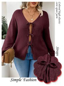 Calvaya 大码女式休闲简约落肩宽松前系带开衫，圣诞节，冬季勃艮第毛衣女式勃艮第毛衣 - 酒紅色 - 查看 5